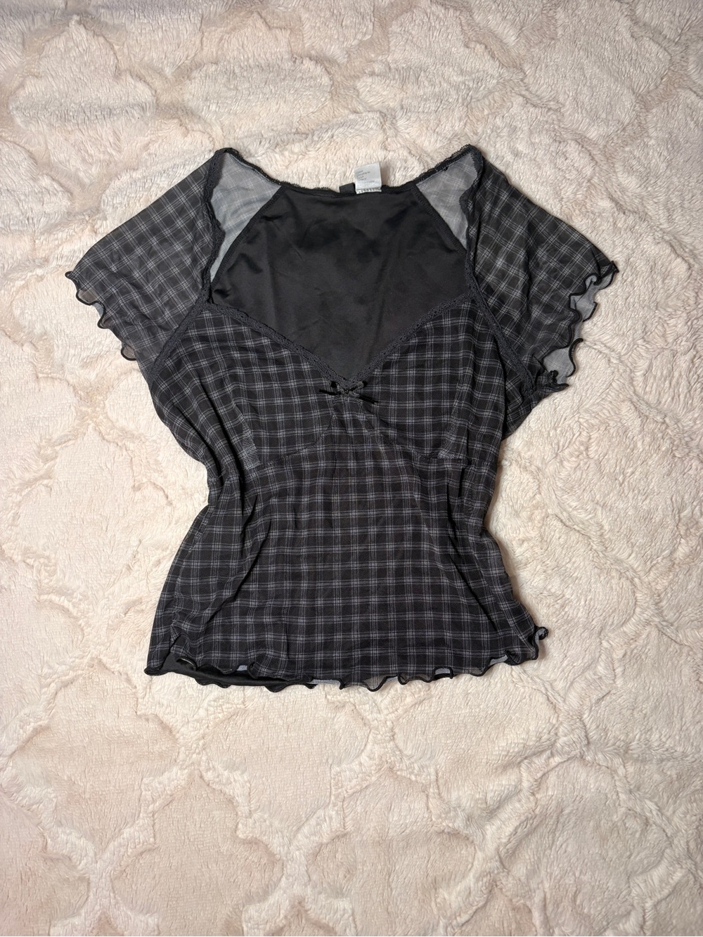 Black Plaid Mesh Overlay Top
